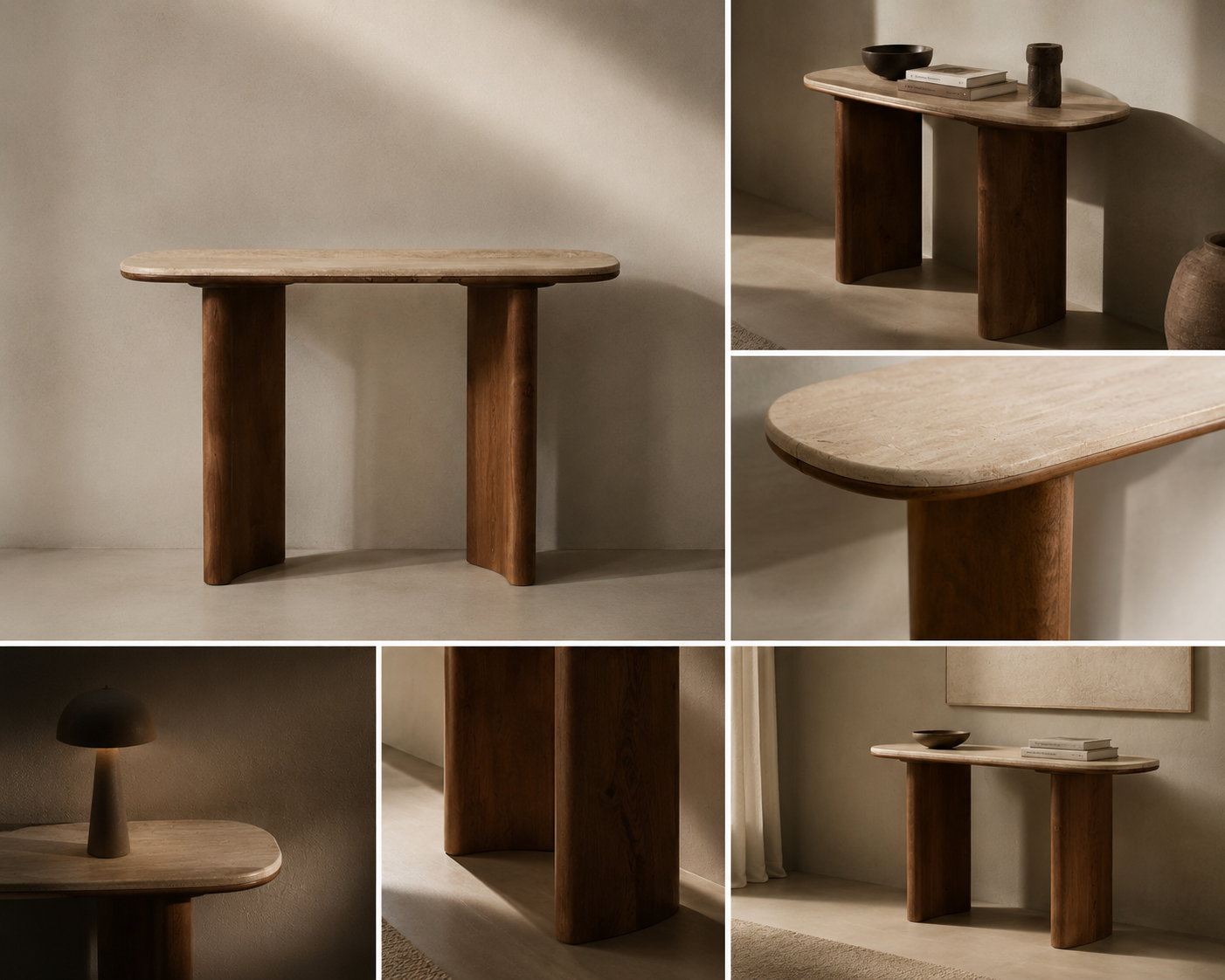 wood and marble table in various settings with soft lighting.