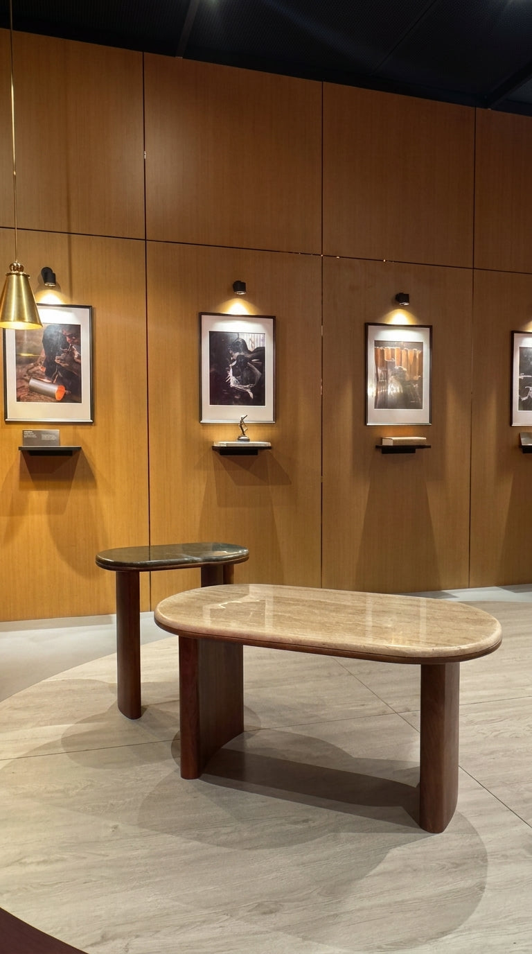 Wooden dining table and bench against a wooden wall with framed pictures.