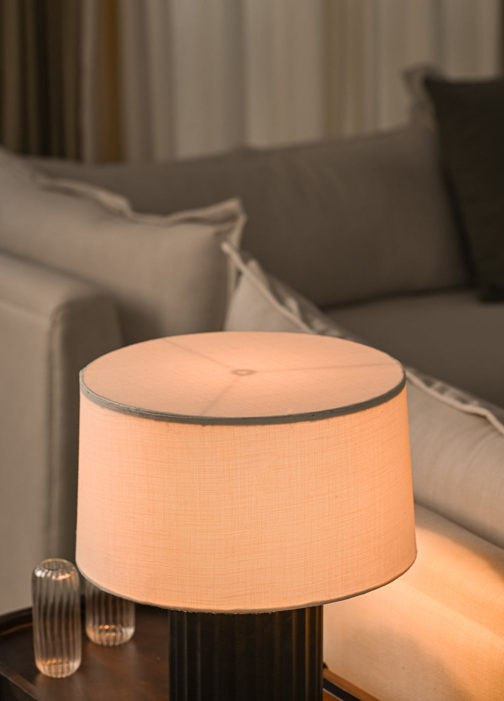 Closeup of the origami table lap fabric shade. 