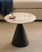 Modern marble accent table with round marble top and black conical base – perfect for living room or bedroom decor.