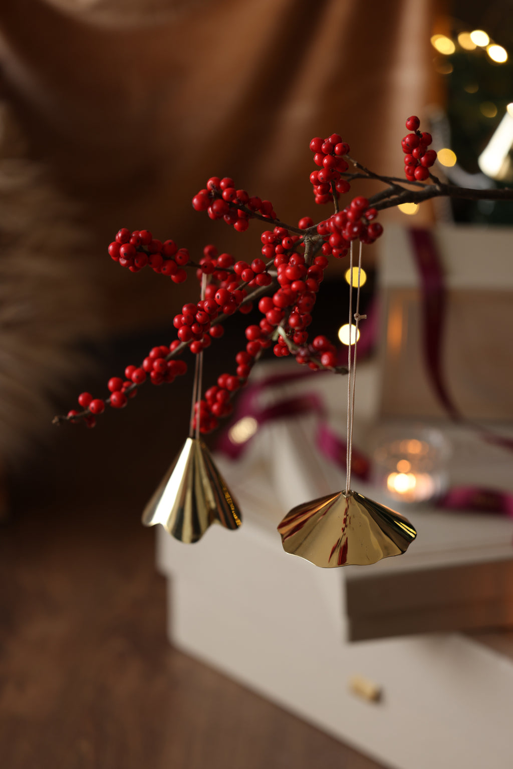 Flower shaped golden hangings for Christmas decor. 
