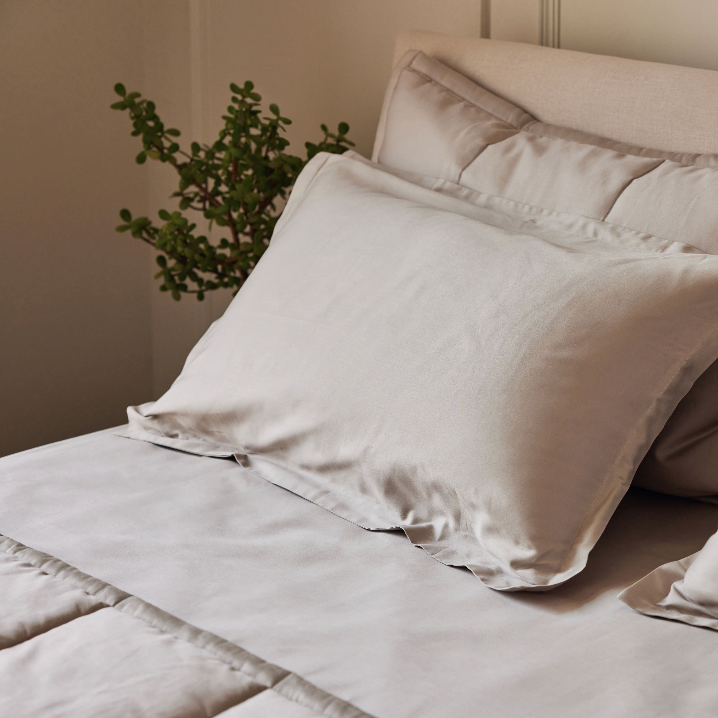 Pewter Organic Cotton Percale Flat Sheet and pillows with basketweave pillow