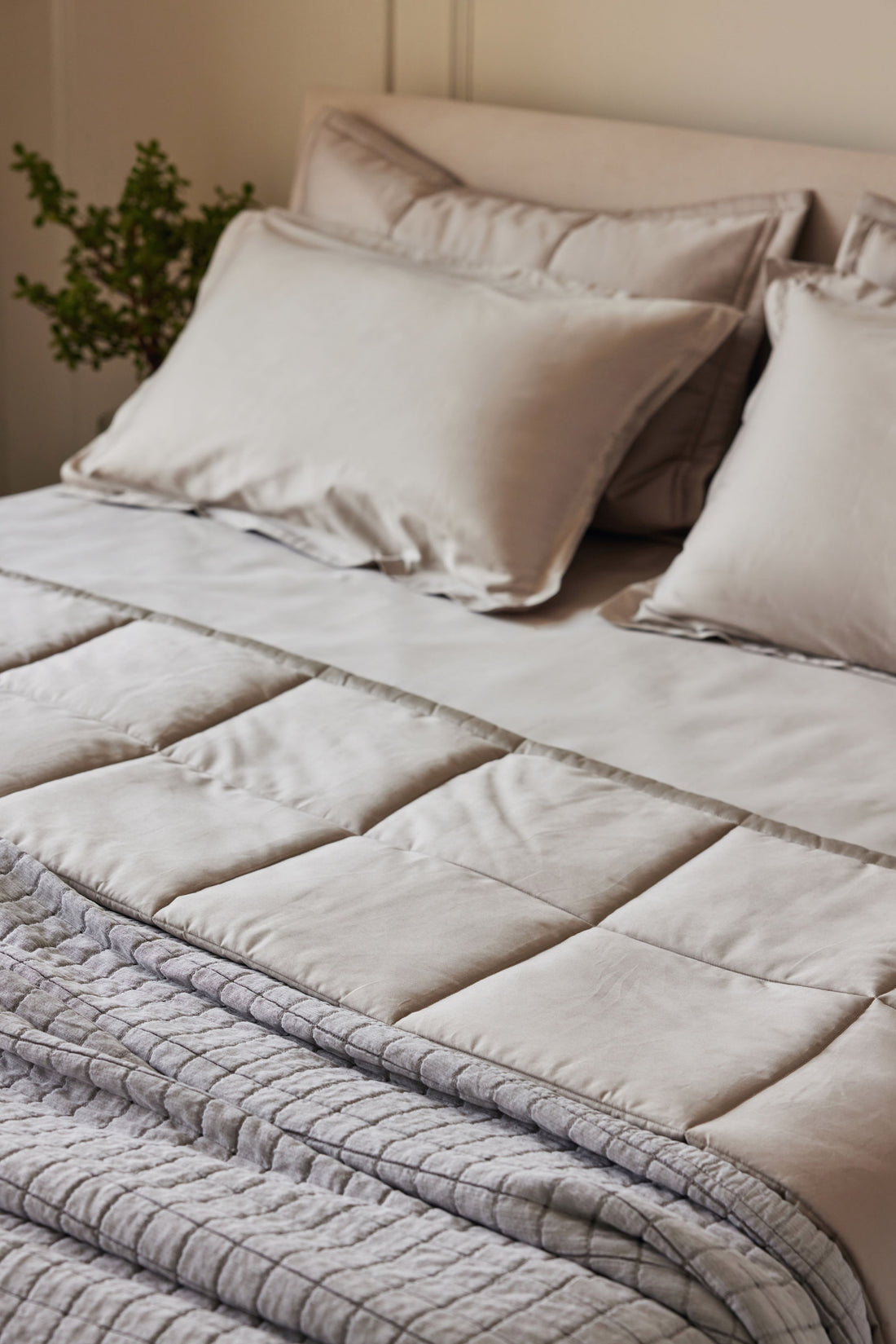 Pewter Sateen Box Comforter Spread Side View with Matelasse Coverlet
