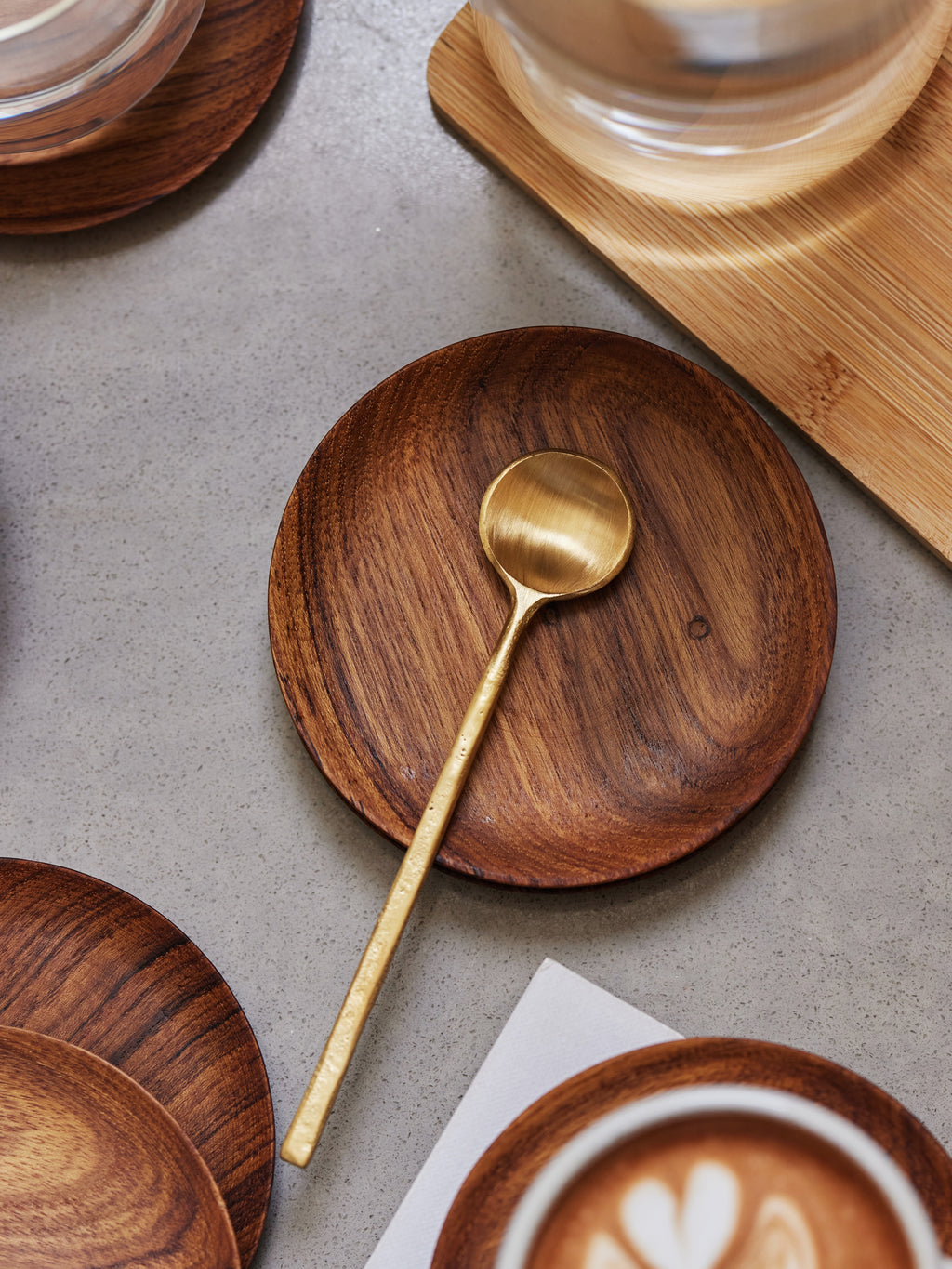 Reclaimed teak coaster with wabi brass coffee spoon
