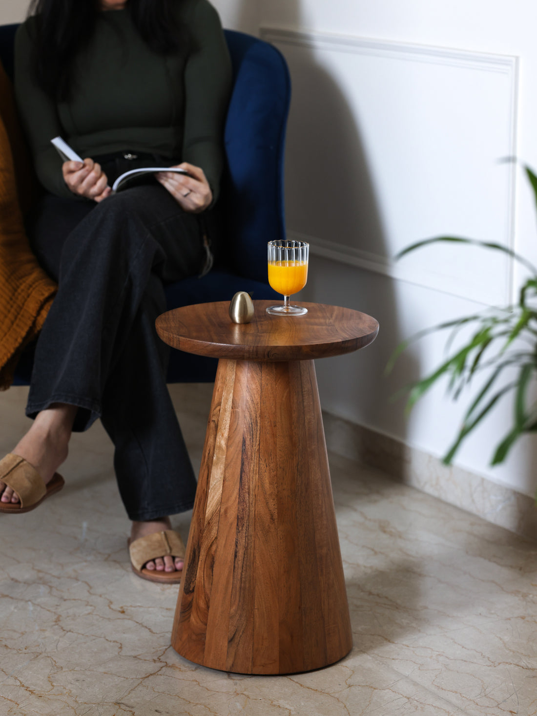 Solid wood conical side table for living room