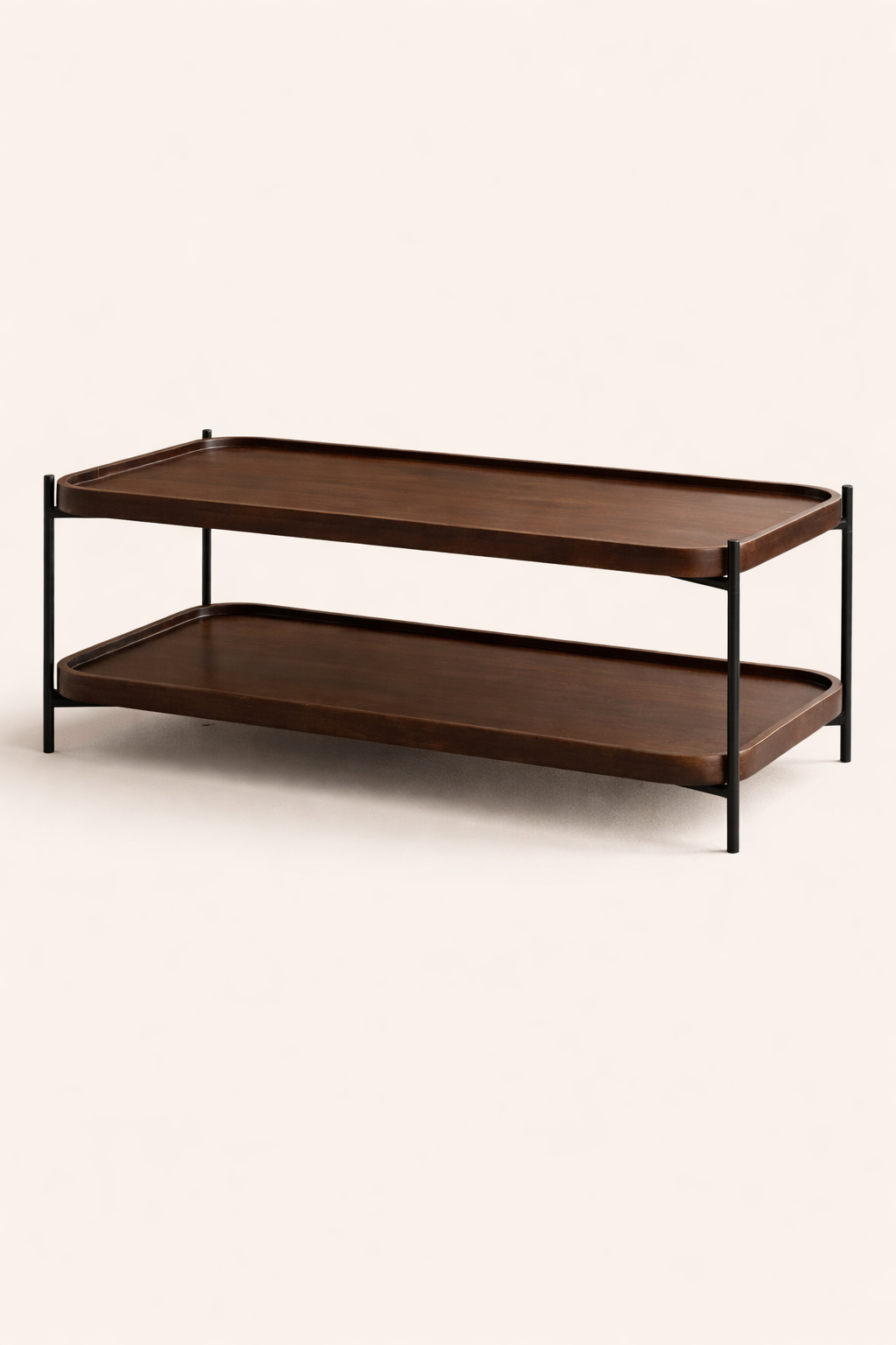 Two-tiered wooden coffee with metal frame on a white background