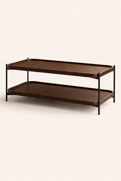 Two-tiered wooden coffee with metal frame on a white background