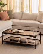 Living room with L-shaped sofa and two-tier wood and metal coffee table.
