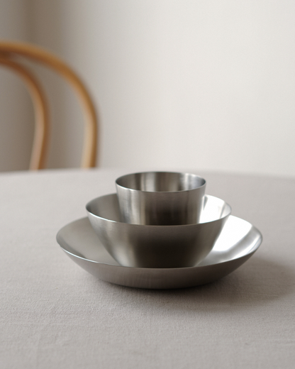 Fuji steel tumbler, bowl and pasta plate nested. 