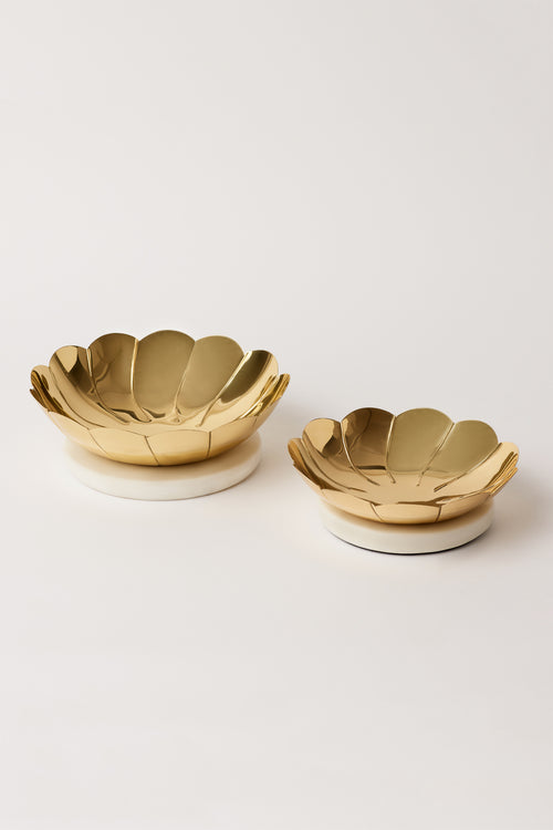 Lotus Decorative Brass Bowls, White Marble - Fleck
