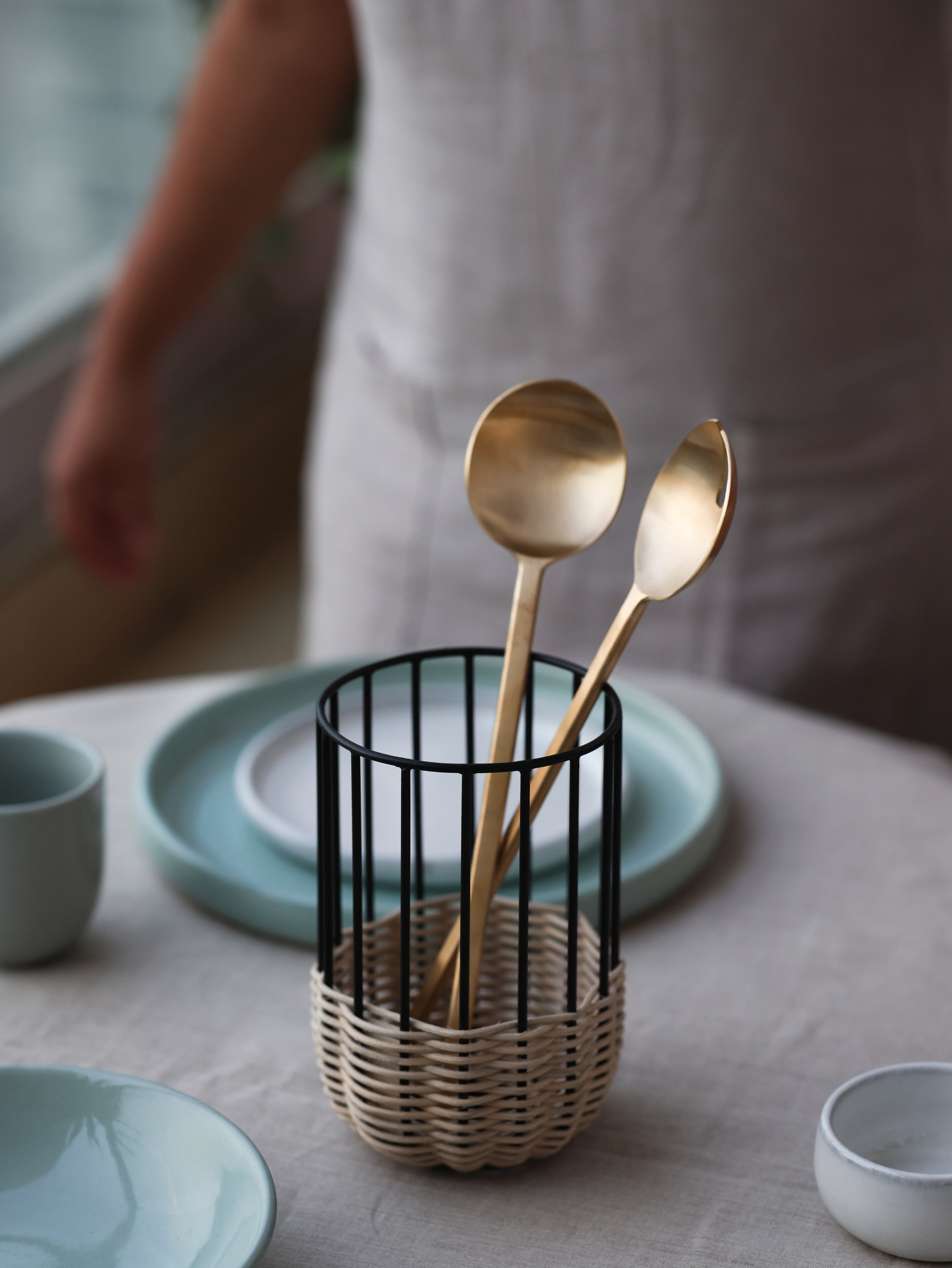 Champagne Brass Salad servers with cabo wire and rattan utensil holder