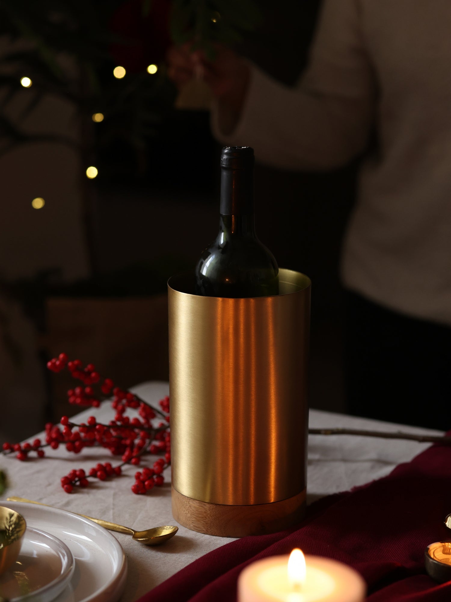 Brass Wine Chiller With Wood Base for Christmas