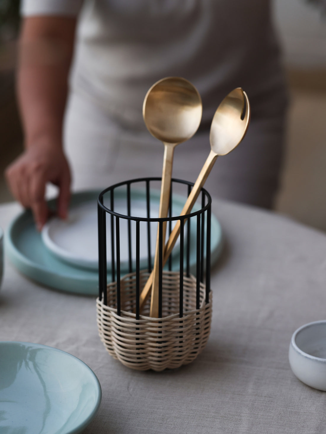 Champagne Brass Salad servers with cabo wire and rattan utensil holder
