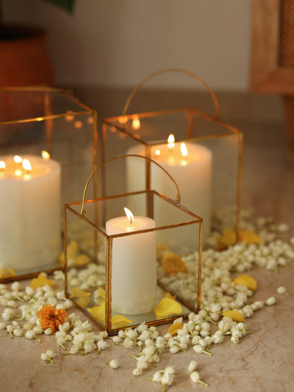 Clear Glass &amp; Brass Lanterns with a Handle Mood Shot