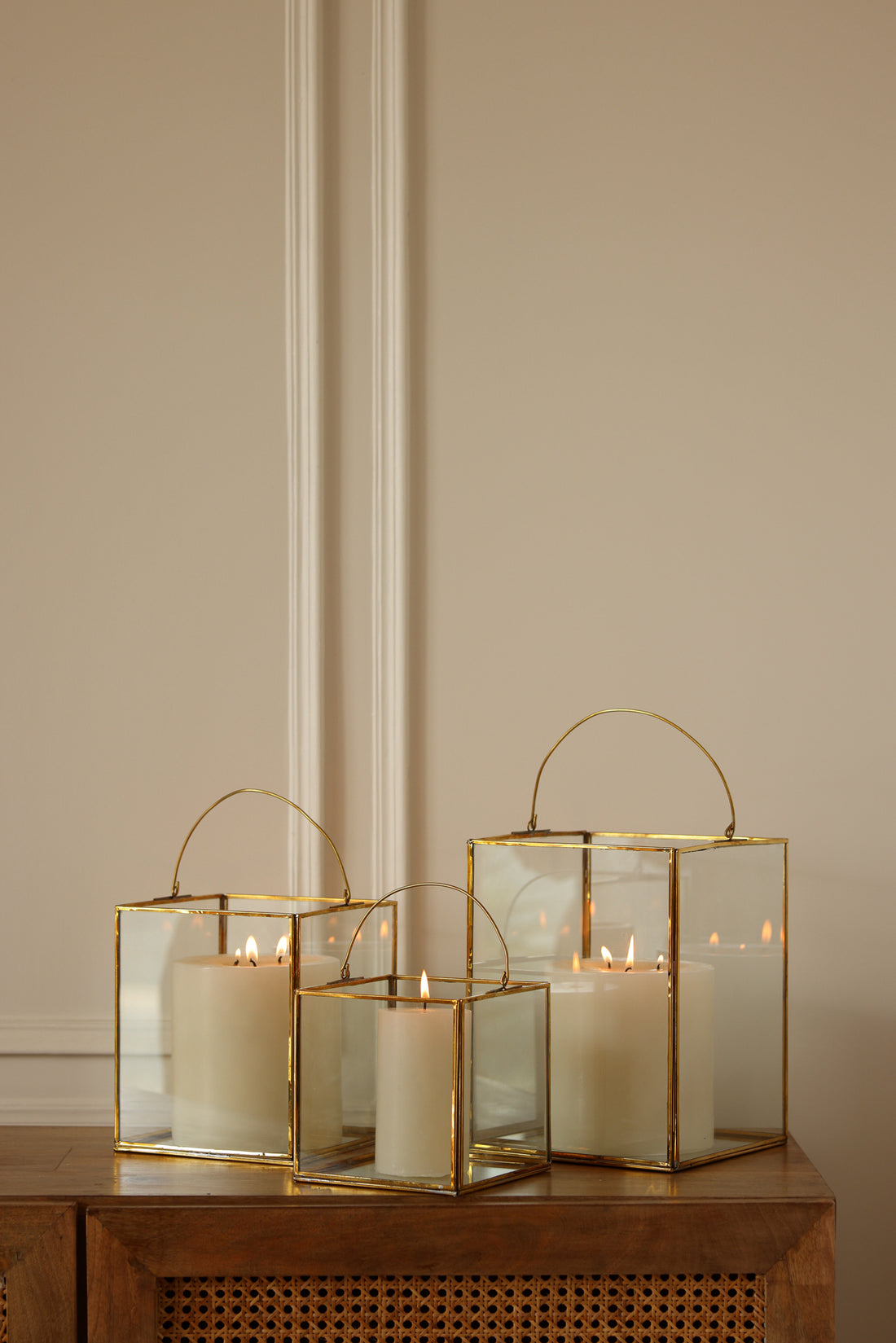Clear Glass &amp; Brass Lanterns with a Handle Set of 3
