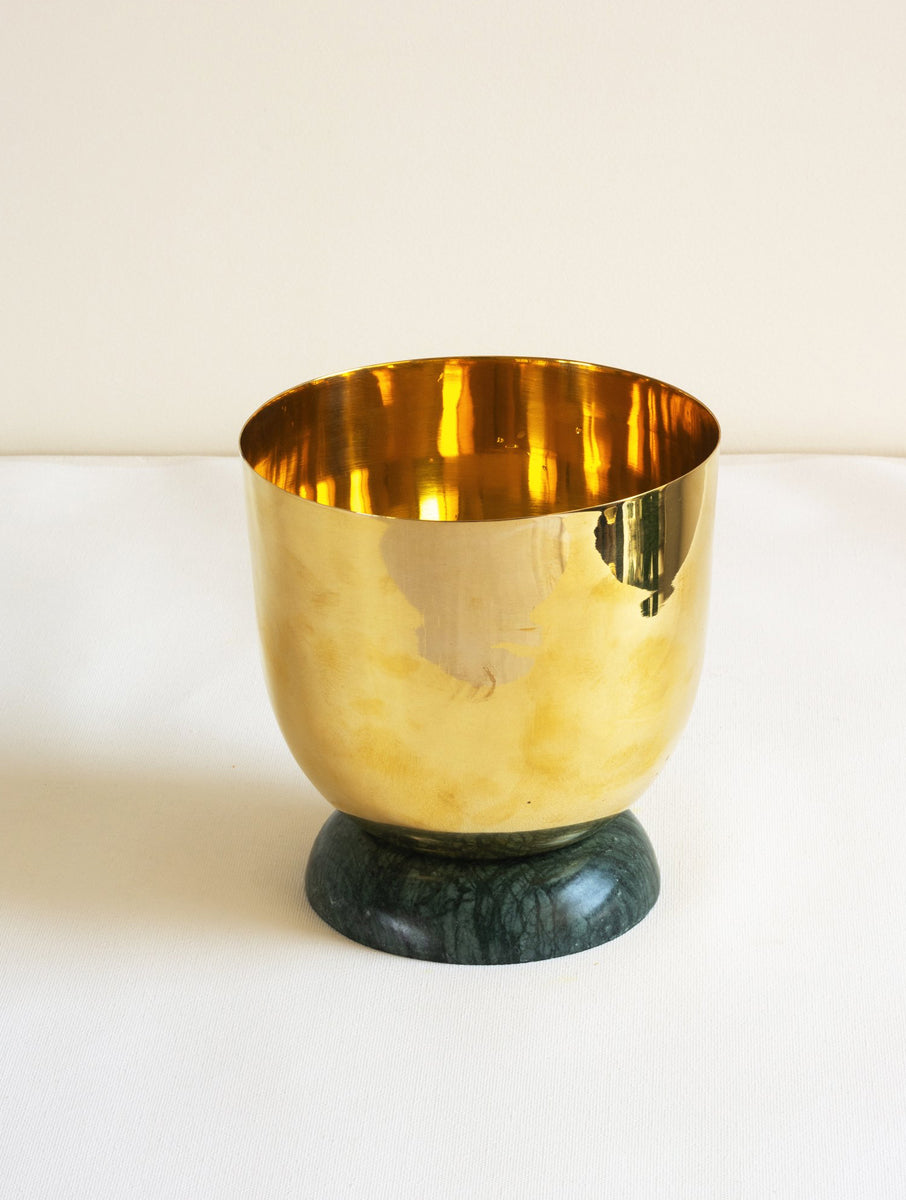 Heirloom Brass Planter with green marble base. 
