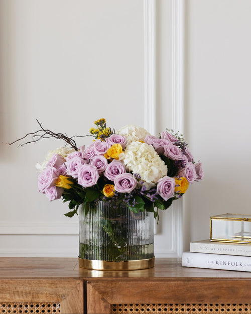 Fleck Fluted glass flower vase with gold metal base