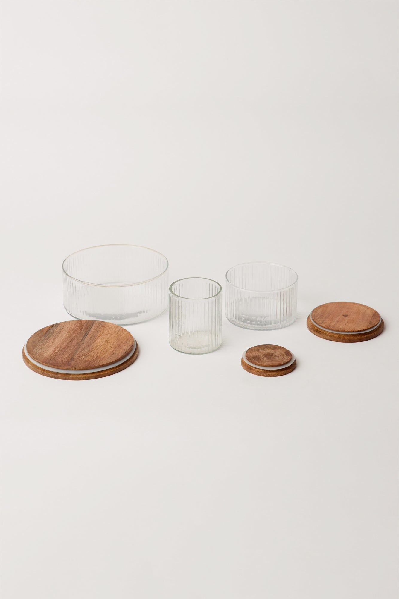 Glass jars with wooden lids set for kitchen &amp; storage