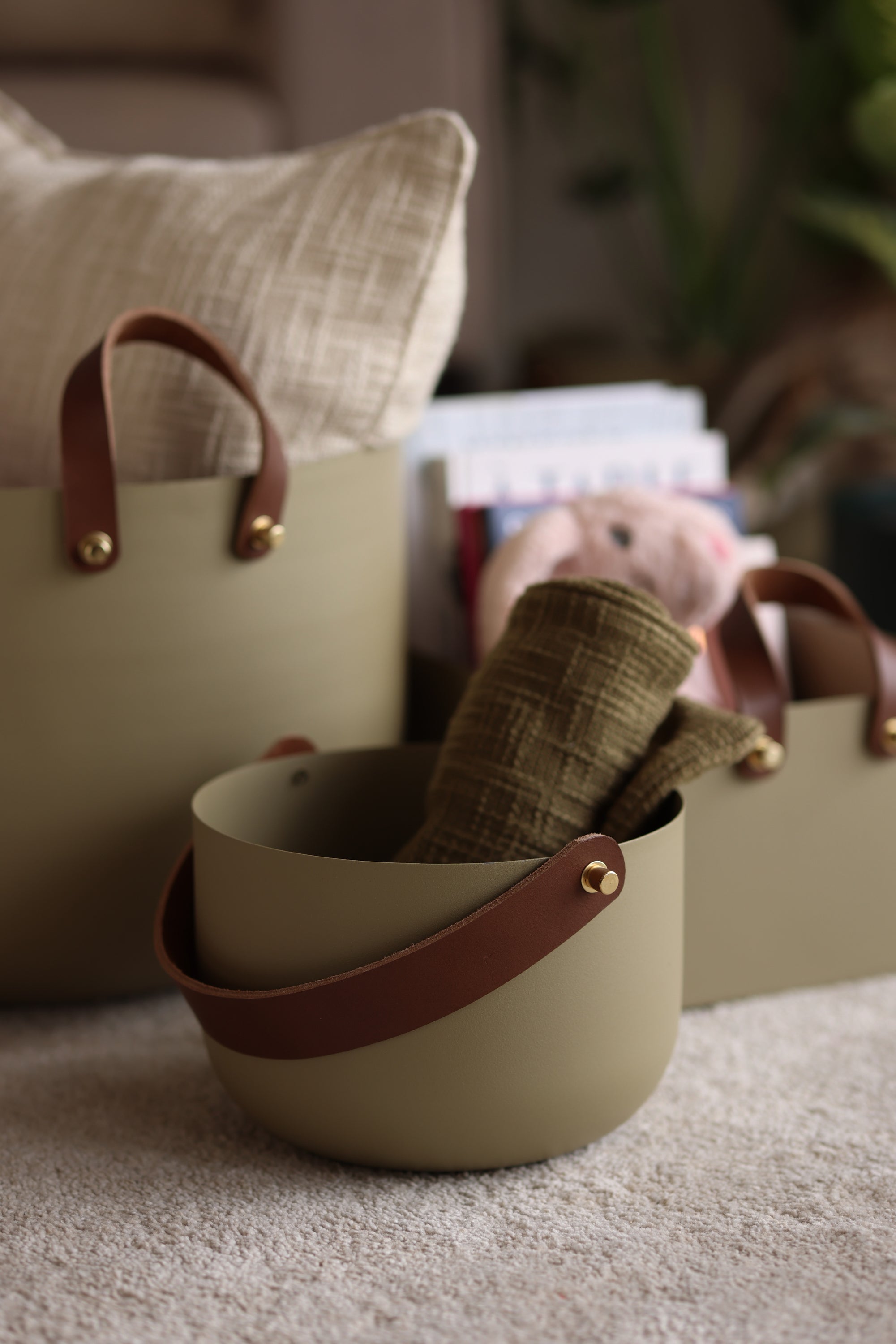 Living room Basket with a leather strap