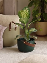 Green basket with leather handle