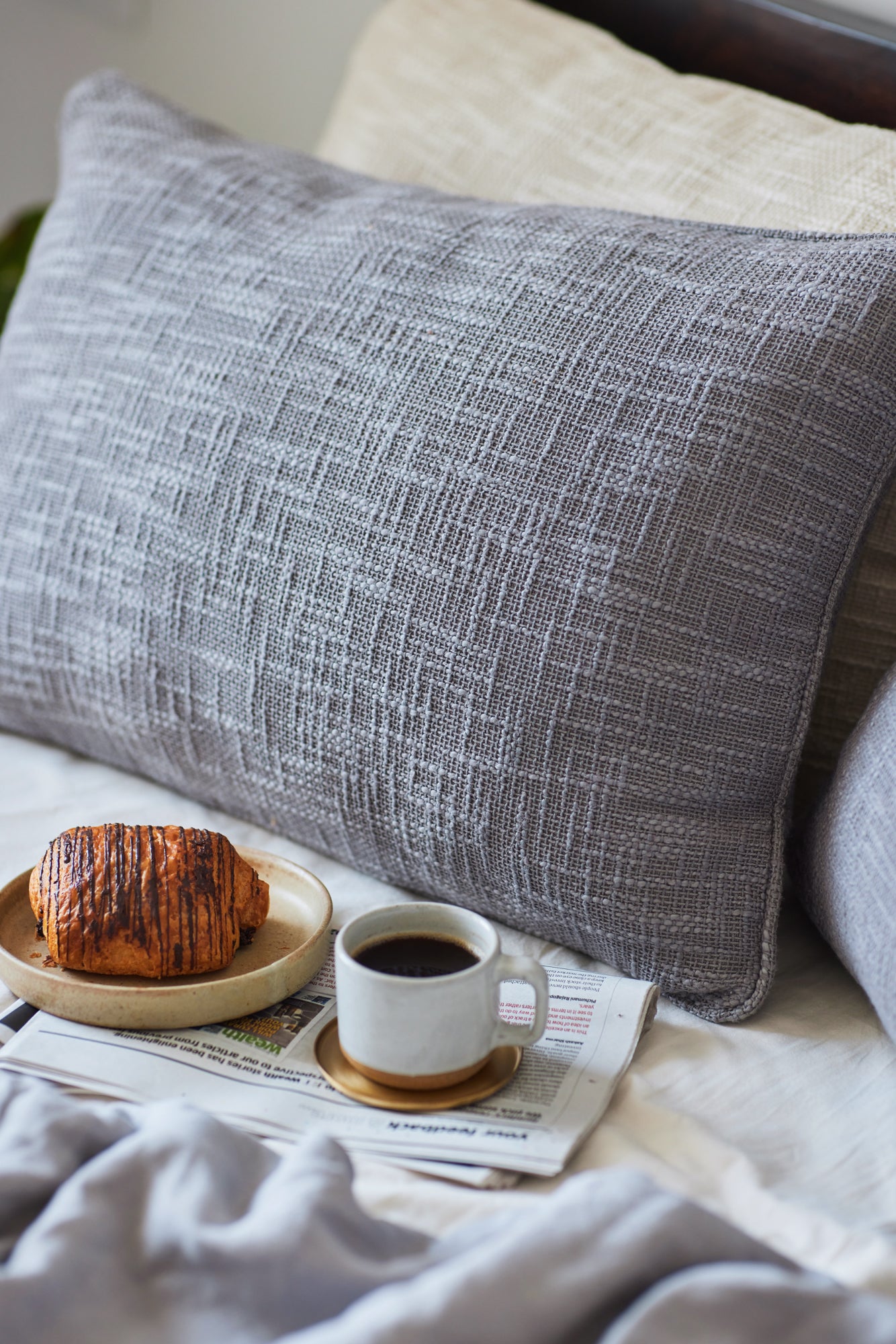 Grey Throw Pillow Cover with Piping Fleck