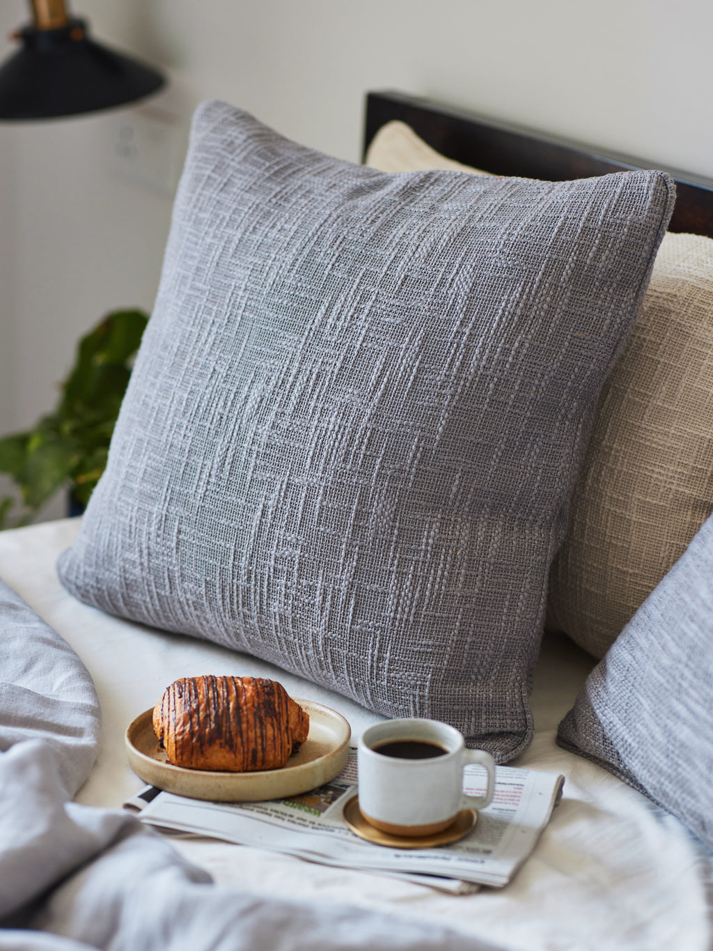 grey cotton cushion cover with piping